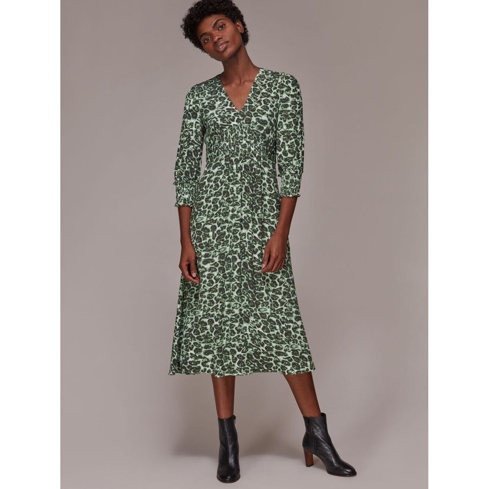 Whistles Clouded Leopard Shirred Dress Green Size 6‎